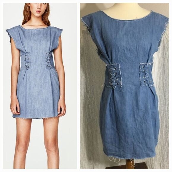 Zara Trafaluc Corset Denim Chambray Dress Size M - Picture 1 of 12